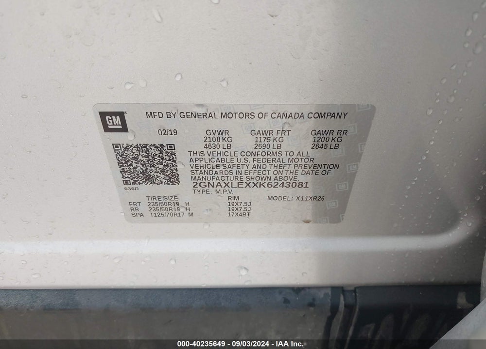 2019 CHEVROLET EQUINOX LT VIN: 2GNAXLEXXK6243081