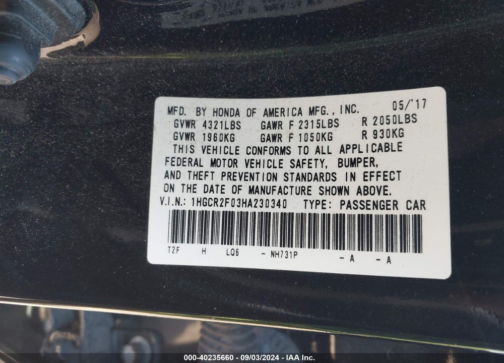 2017 HONDA ACCORD EX VIN: 1HGCR2F03HA230340