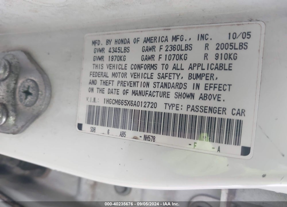 2006 HONDA ACCORD 3.0 EX VIN: 1HGCM665X6A012720