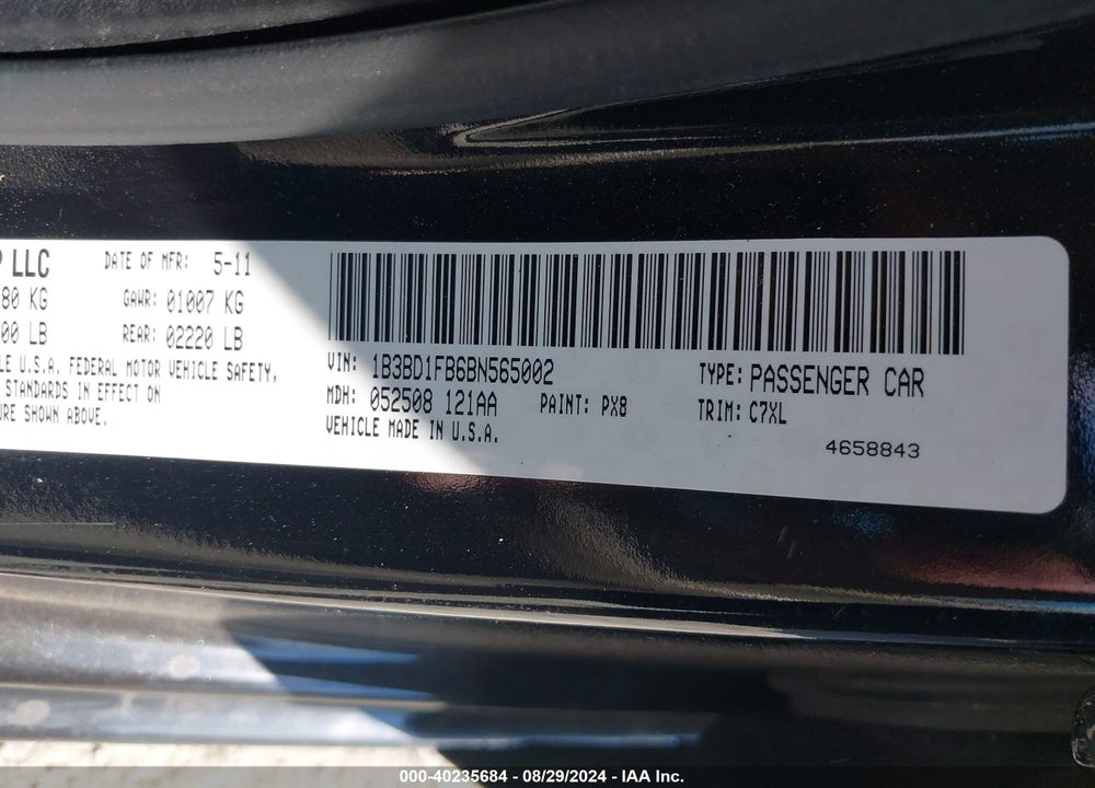 2011 DODGE AVENGER MAINSTREET VIN: 1B3BD1FB6BN565002
