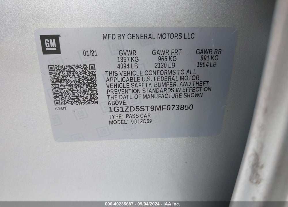 2021 CHEVROLET MALIBU FWD LT VIN: 1G1ZD5ST9MF073850