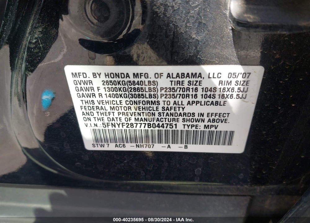 2007 HONDA PILOT VIN: 5FNYF28777B044751