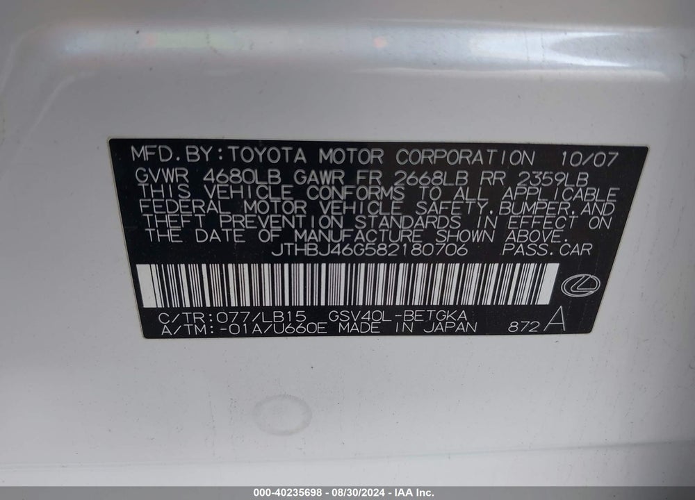2008 LEXUS ES 350 VIN: JTHBJ46G582180706