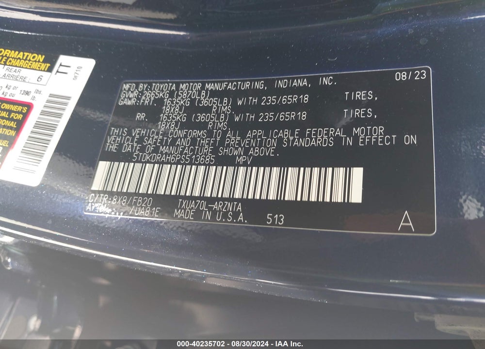 2023 TOYOTA HIGHLANDER L VIN: 5TDKDRAH6PS513685