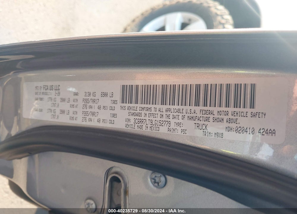 2020 RAM 1500 CLASSIC SLT 4X4 5'7 BOX VIN: 3C6RR7LT9LG152779