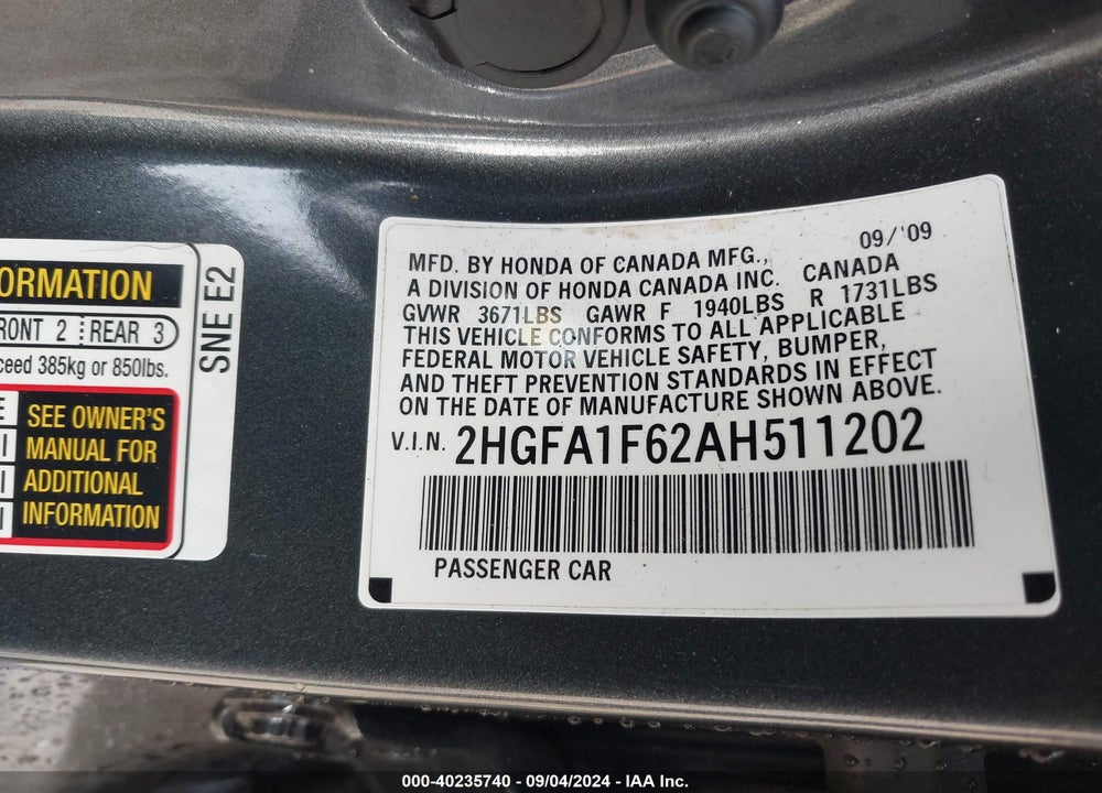 2010 HONDA CIVIC LX-S VIN: 2HGFA1F62AH511202