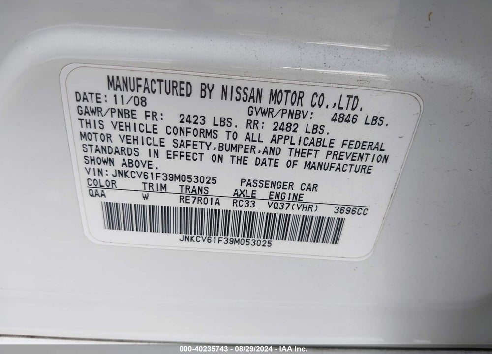 2009 INFINITI G37X VIN: JNKCV61F39M053025