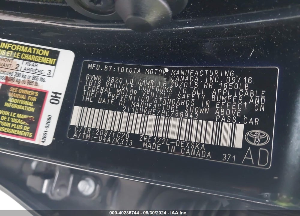 2017 TOYOTA COROLLA SE VIN: 2T1BURHE7HC748943