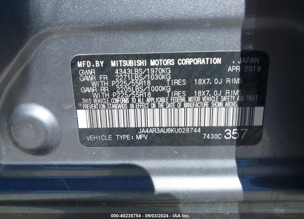 2019 MITSUBISHI OUTLANDER SPORT 2.0 LE VIN: JA4AR3AU6KU028744