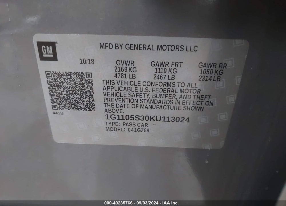 2019 CHEVROLET IMPALA PREMIER VIN: 1G1105S30KU113024