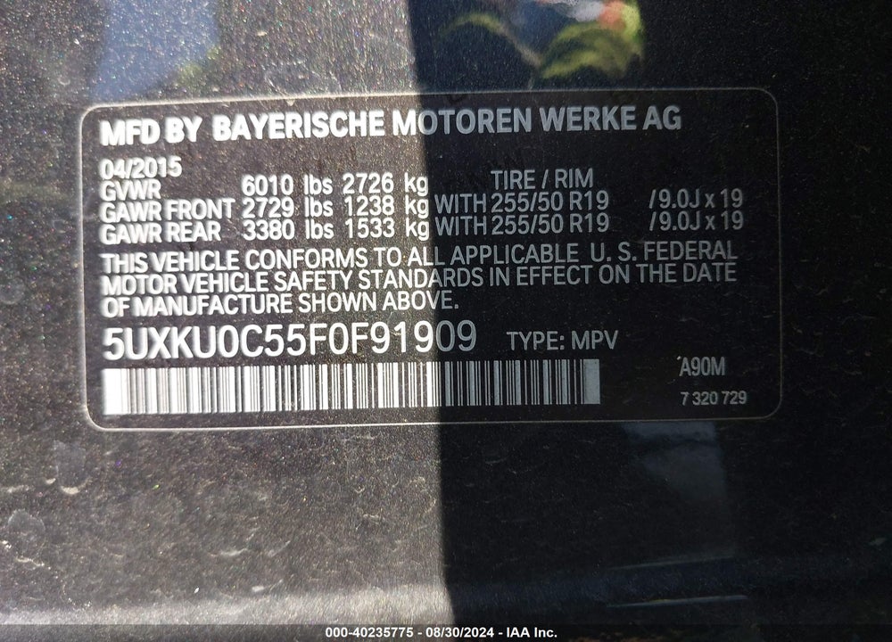 2015 BMW X6 SDRIVE35I VIN: 5UXKU0C55F0F91909
