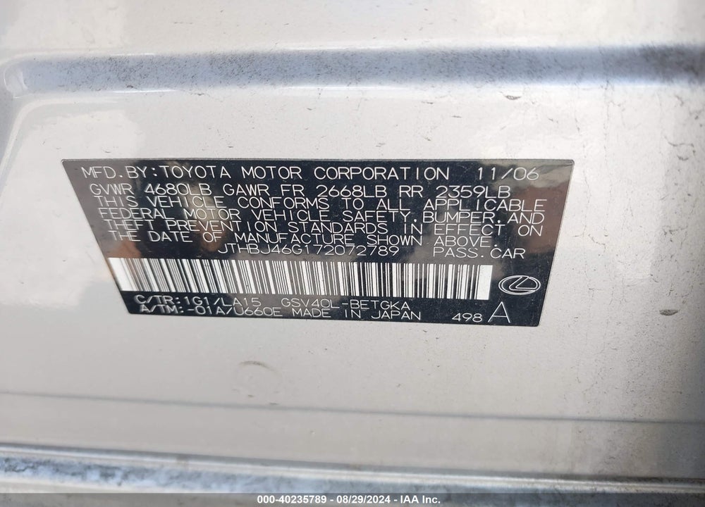 2007 LEXUS ES 350 VIN: JTHBJ46G172072789