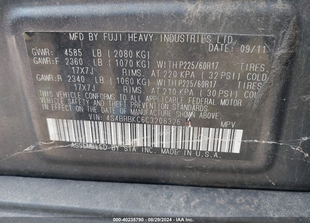 2012 SUBARU OUTBACK 2.5I LIMITED VIN: 4S4BRBKC6C3206326