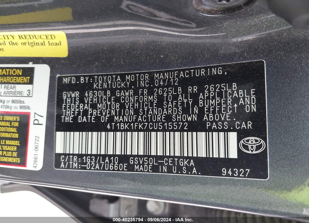 2012 TOYOTA CAMRY XLE V6 VIN: 4T1BK1FK7CU515572