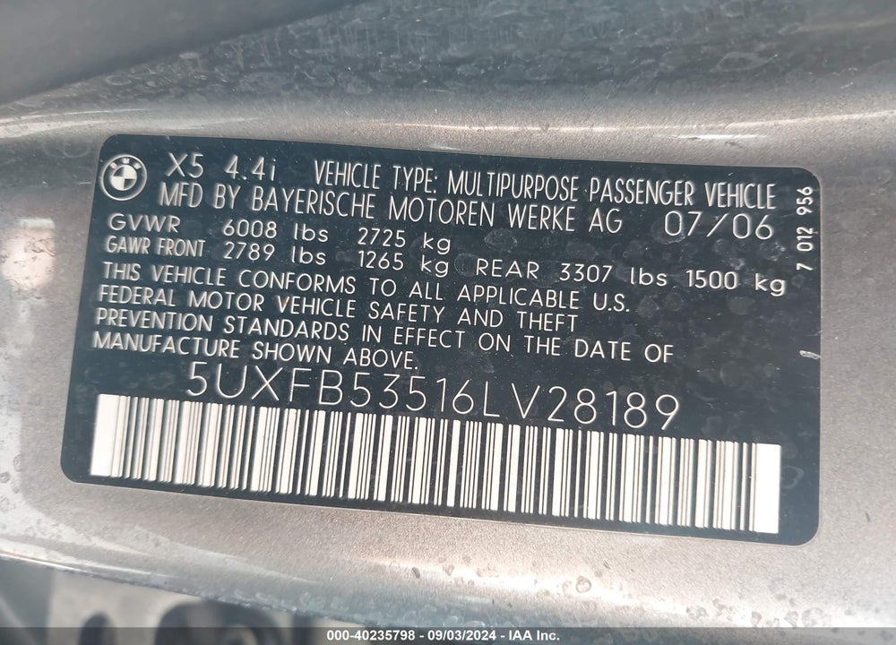 2006 BMW X5 4.4I VIN: 5UXFB53516LV28189
