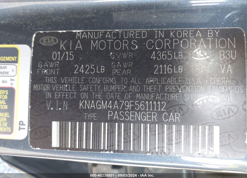 2015 KIA OPTIMA LX VIN: KNAGM4A79F5611112