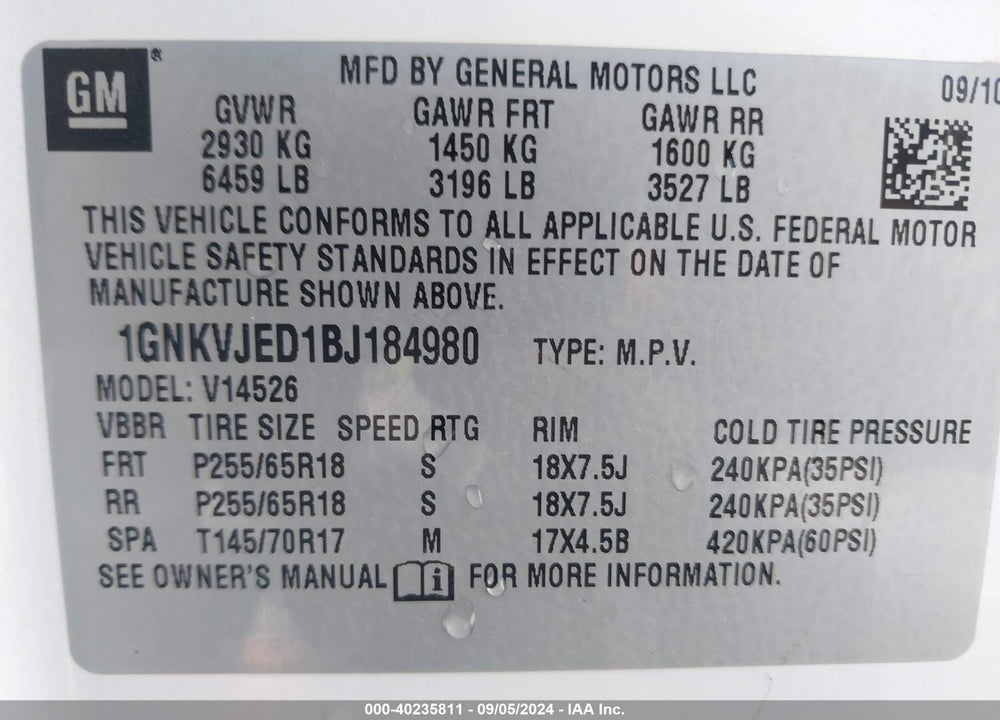 2011 CHEVROLET TRAVERSE 2LT VIN: 1GNKVJED1BJ184980
