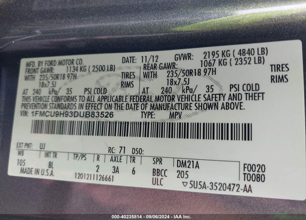 2013 FORD ESCAPE SEL VIN: 1FMCU9H93DUB83526