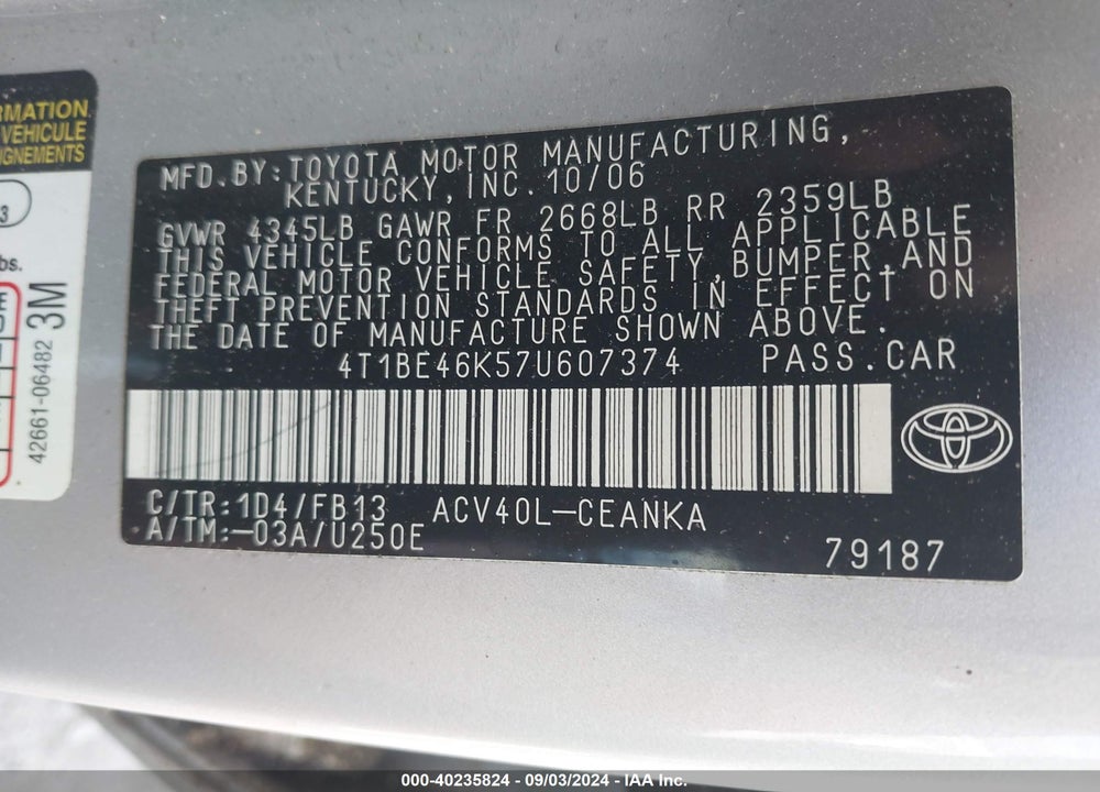 2007 TOYOTA CAMRY VIN: 4T1BE46K57U607374
