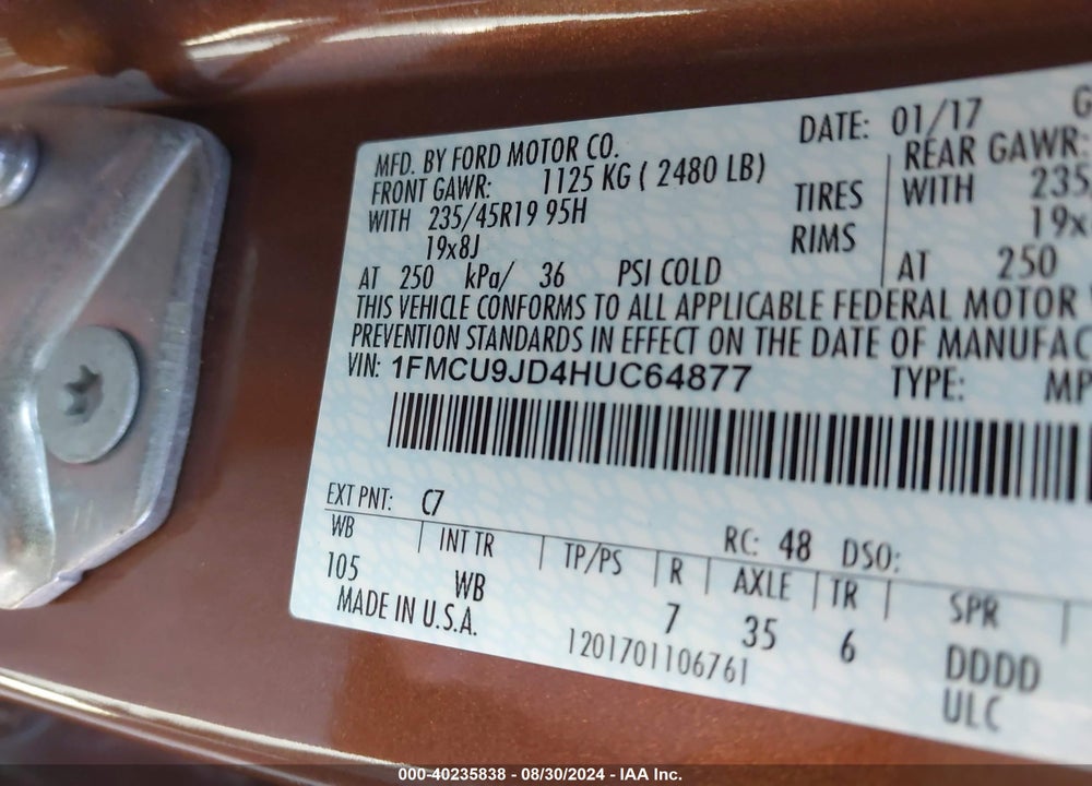 2017 FORD ESCAPE TITANIUM VIN: 1FMCU9JD4HUC64877