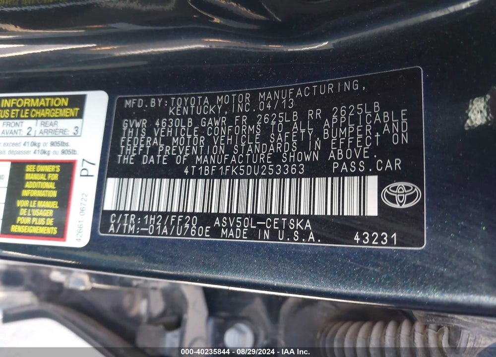 2013 TOYOTA CAMRY SE VIN: 4T1BF1FK5DU253363