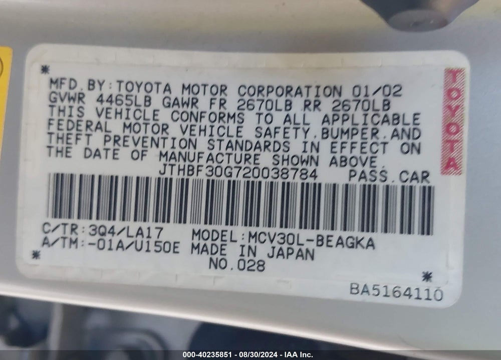 2002 LEXUS ES 300 VIN: JTHBF30G720038784