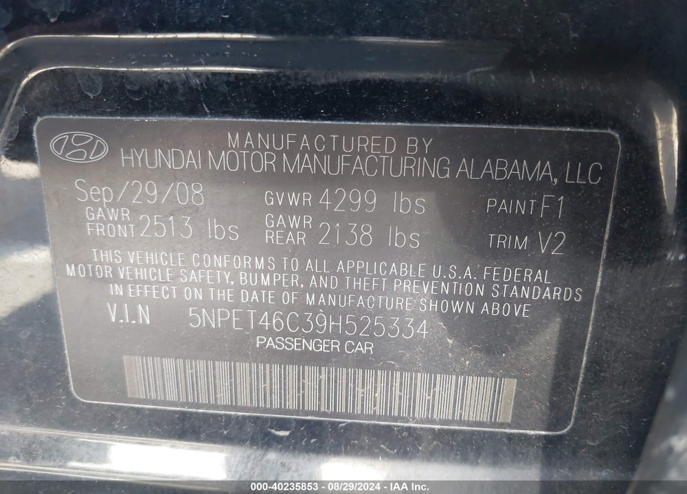 2009 HYUNDAI SONATA GLS VIN: 5NPET46C39H525334