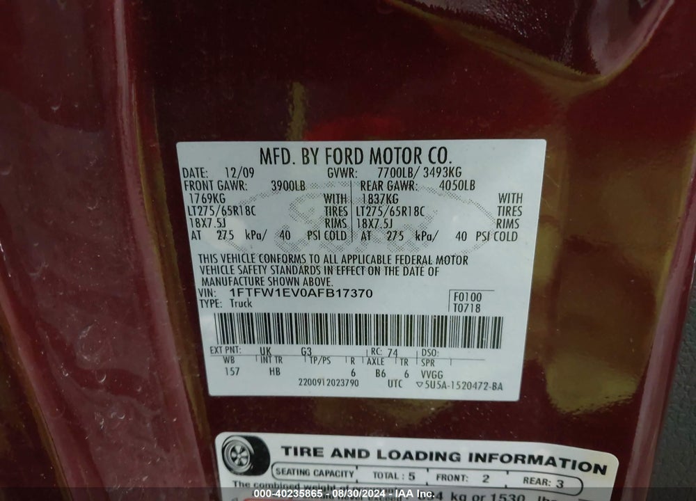 2010 FORD F-150 FX4/HARLEY-DAVIDSON/KING RANCH/LARIAT/PLATINUM/XL/XLT VIN: 1FTFW1EV0AFB17370