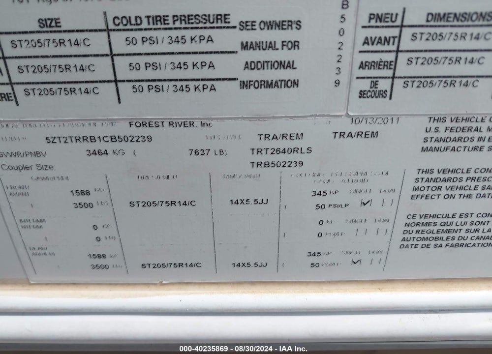 2012 FOREST RIVER TRACER VIN: 5ZT2TRRB1CB502239