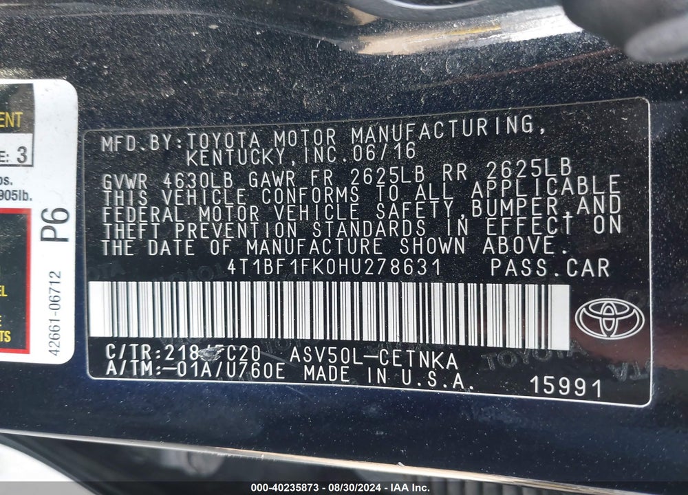 2017 TOYOTA CAMRY VIN: 4T1BF1FK0HU278631