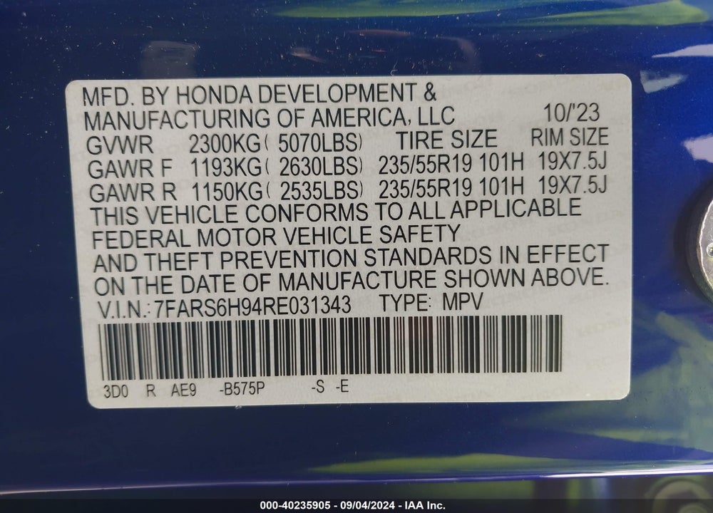 2024 HONDA CR-V HYBRID SPORT TOURING VIN: 7FARS6H94RE031343