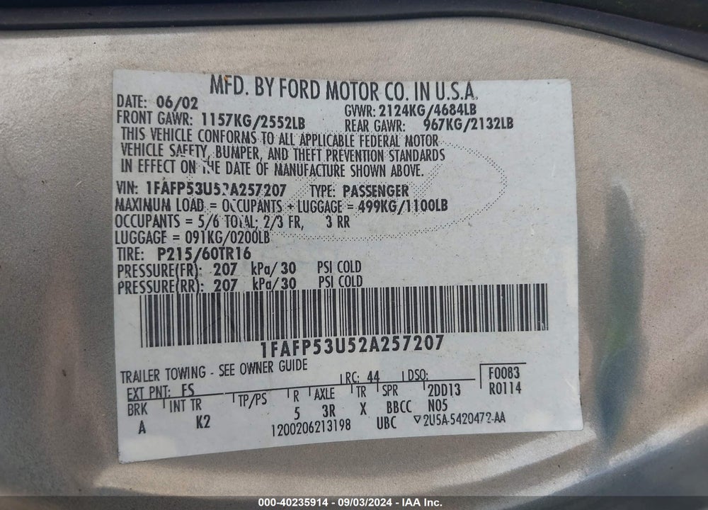 2002 FORD TAURUS SE VIN: 1FAFP53U52A257207