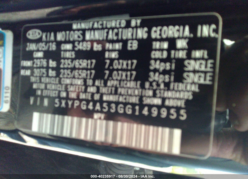 2016 KIA SORENTO 3.3L LX VIN: 5XYPG4A53GG149955