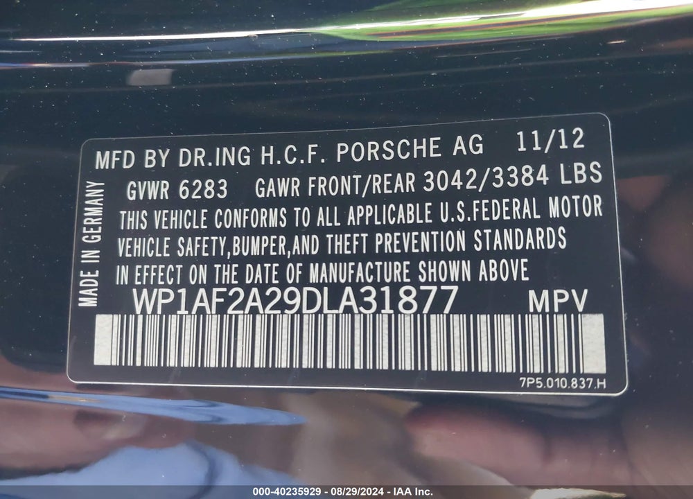 2013 PORSCHE CAYENNE DIESEL VIN: WP1AF2A29DLA31877