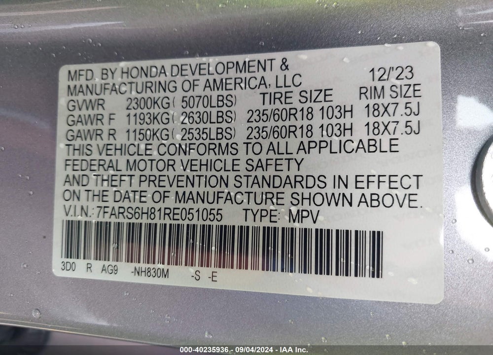 2024 HONDA CR-V HYBRID SPORT-L VIN: 7FARS6H81RE051055