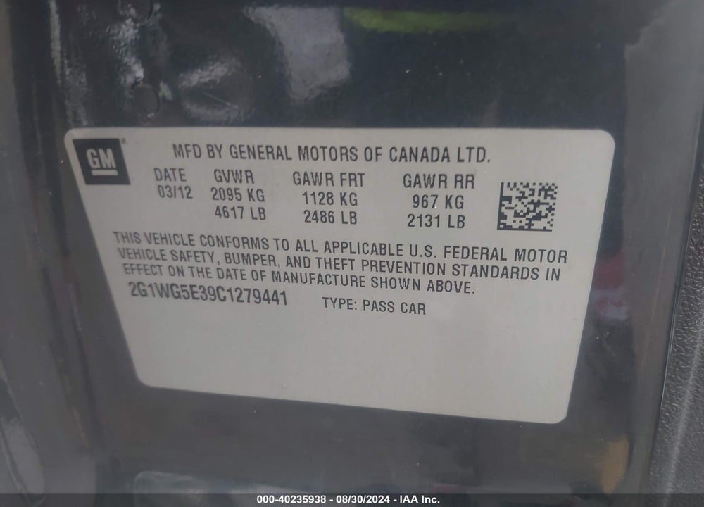2012 CHEVROLET IMPALA LT VIN: 2G1WG5E39C1279441
