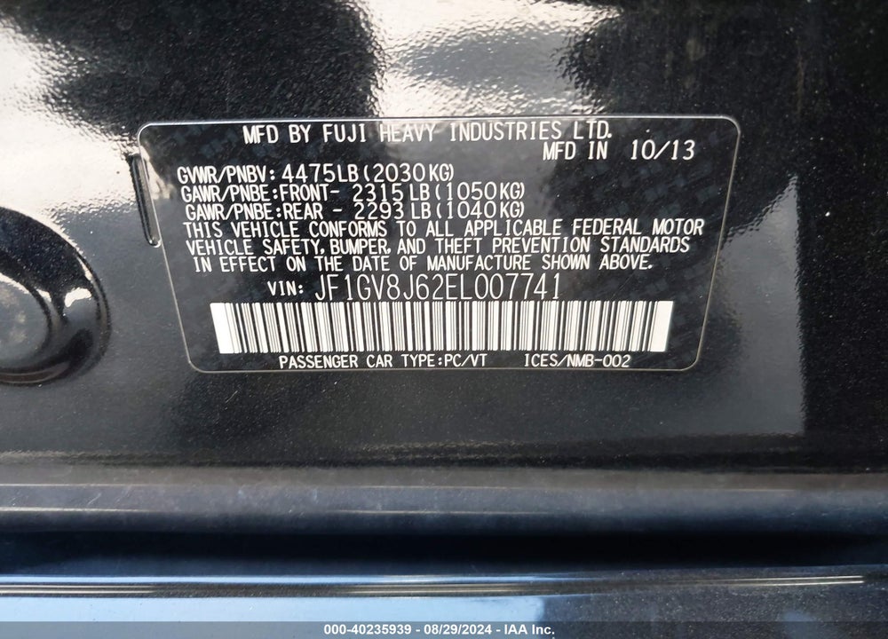 2014 SUBARU IMPREZA WRX STI LIMITED VIN: JF1GV8J62EL007741