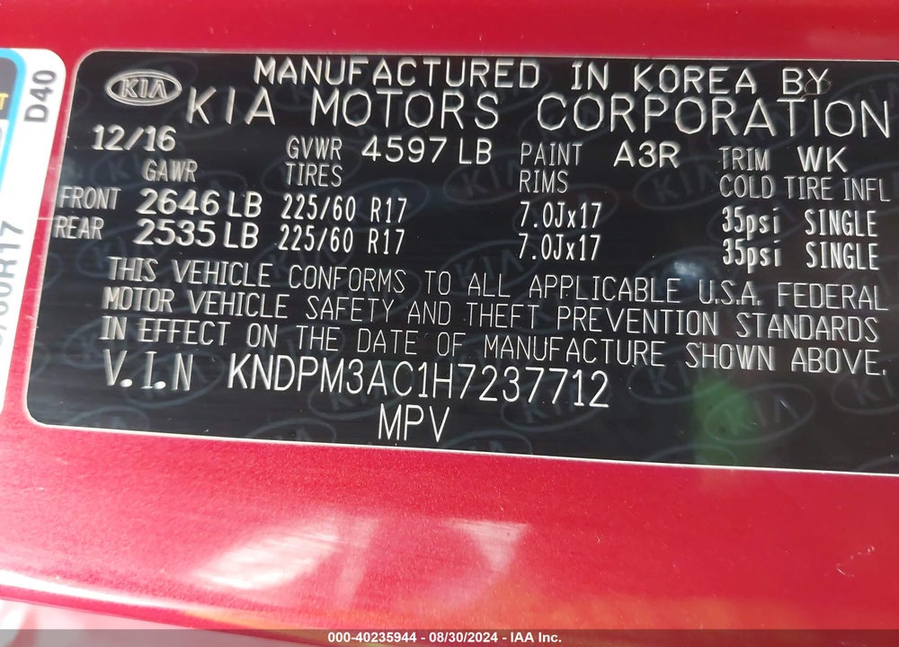2017 KIA SPORTAGE LX VIN: KNDPM3AC1H7237712
