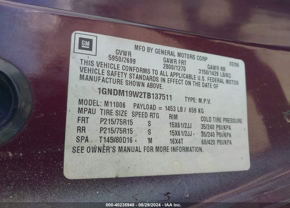 1996 CHEVROLET ASTRO VIN: 1GNDM19W2TB137511