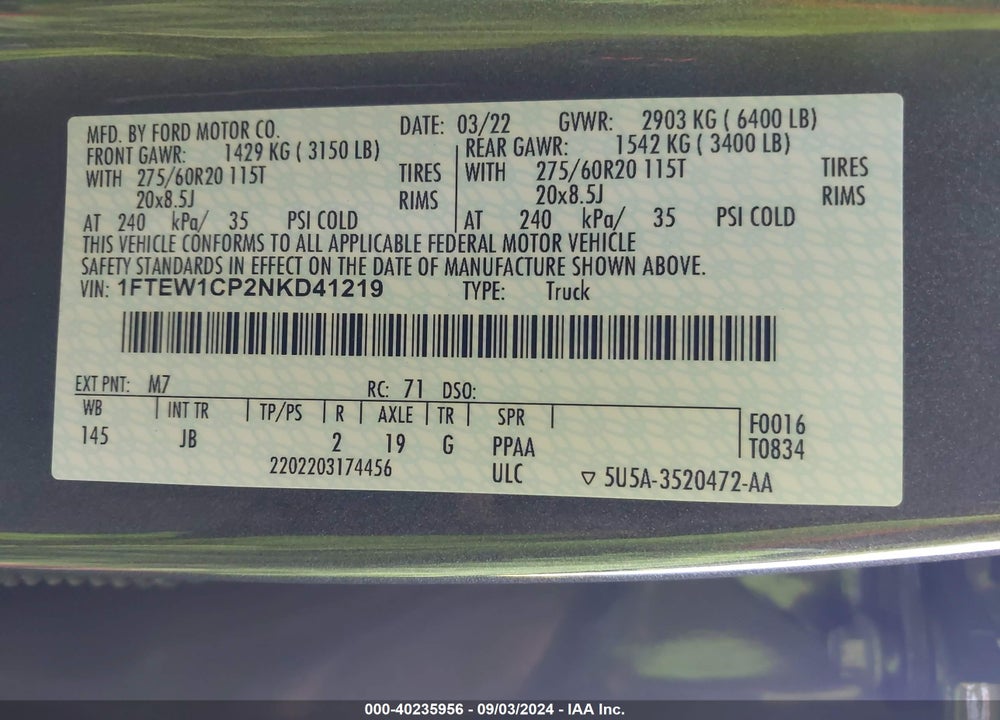 2022 FORD F-150 XL VIN: 1FTEW1CP2NKD41219