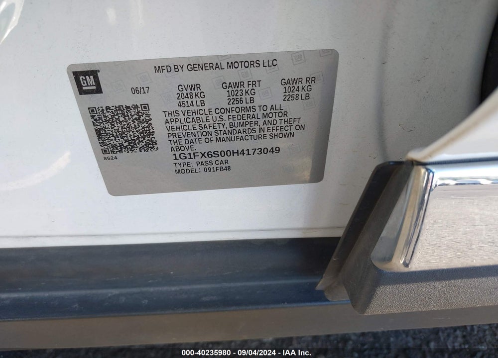2017 CHEVROLET BOLT EV PREMIER VIN: 1G1FX6S00H4173049