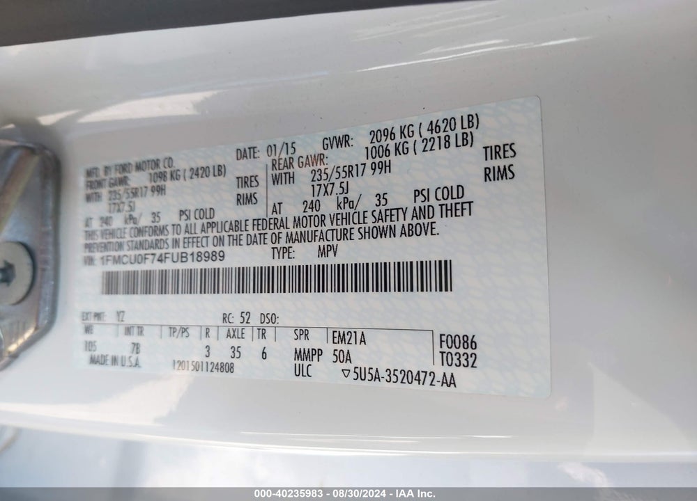 2015 FORD ESCAPE S VIN: 1FMCU0F74FUB18989