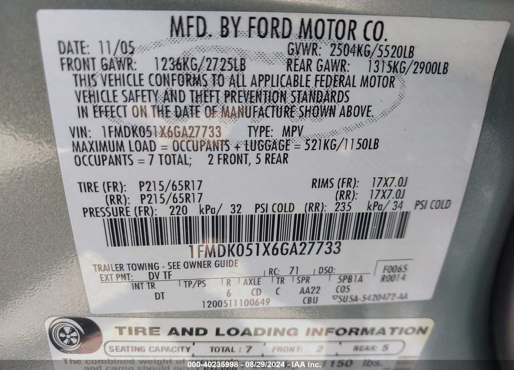 2006 FORD FREESTYLE SEL VIN: 1FMDK051X6GA27733