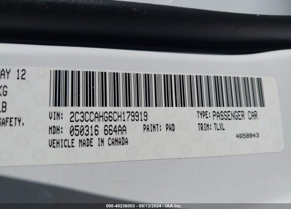 2012 CHRYSLER 300 LIMITED VIN: 2C3CCAHG6CH179919