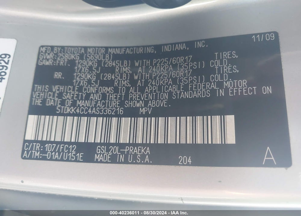 2010 TOYOTA SIENNA VIN: 5TDKK4CC4AS336216