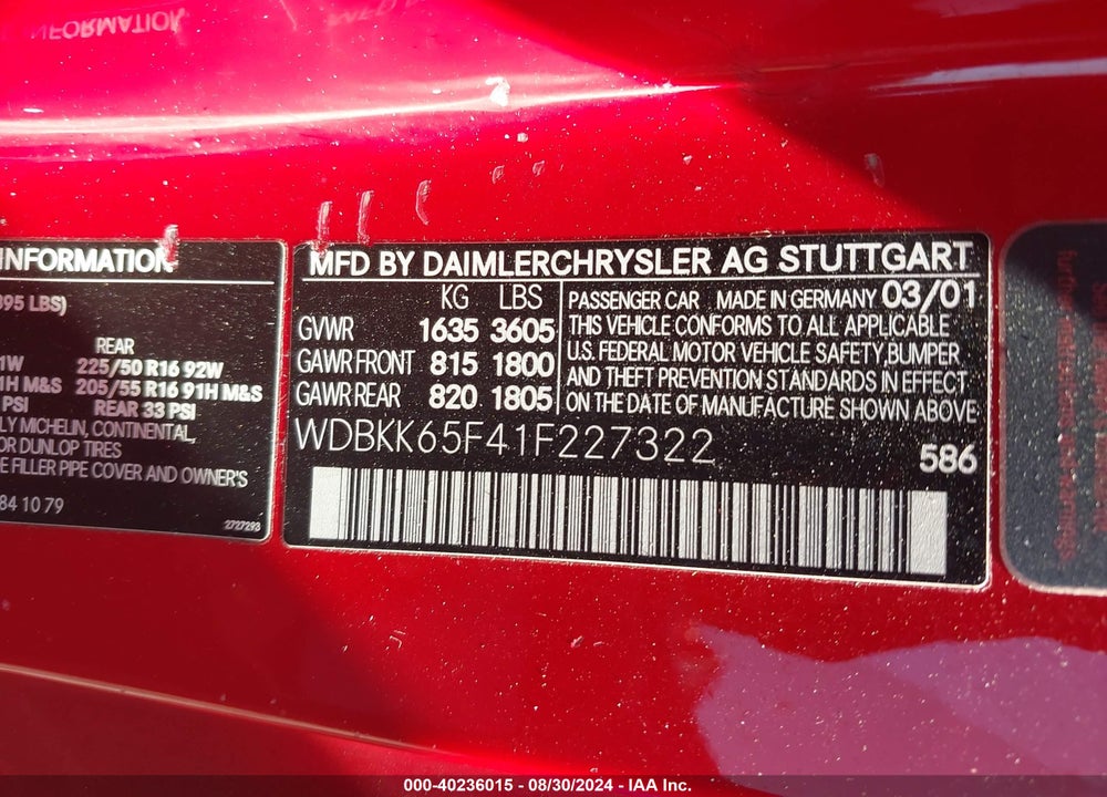 2001 MERCEDES-BENZ SLK 320 VIN: WDBKK65F41F227322