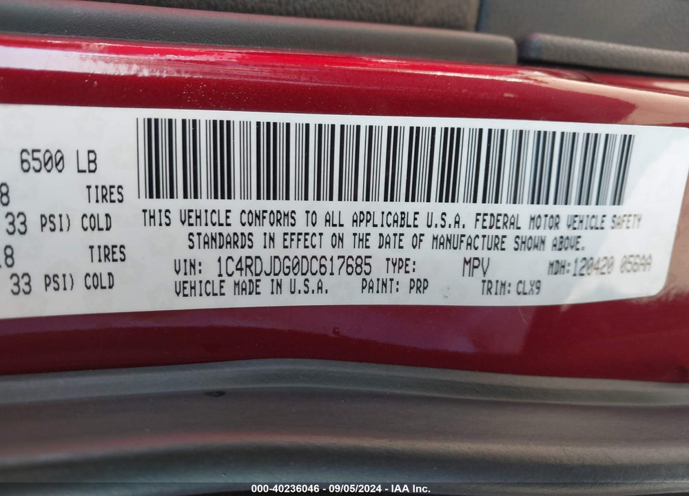 2013 DODGE DURANGO CREW VIN: 1C4RDJDG0DC617685