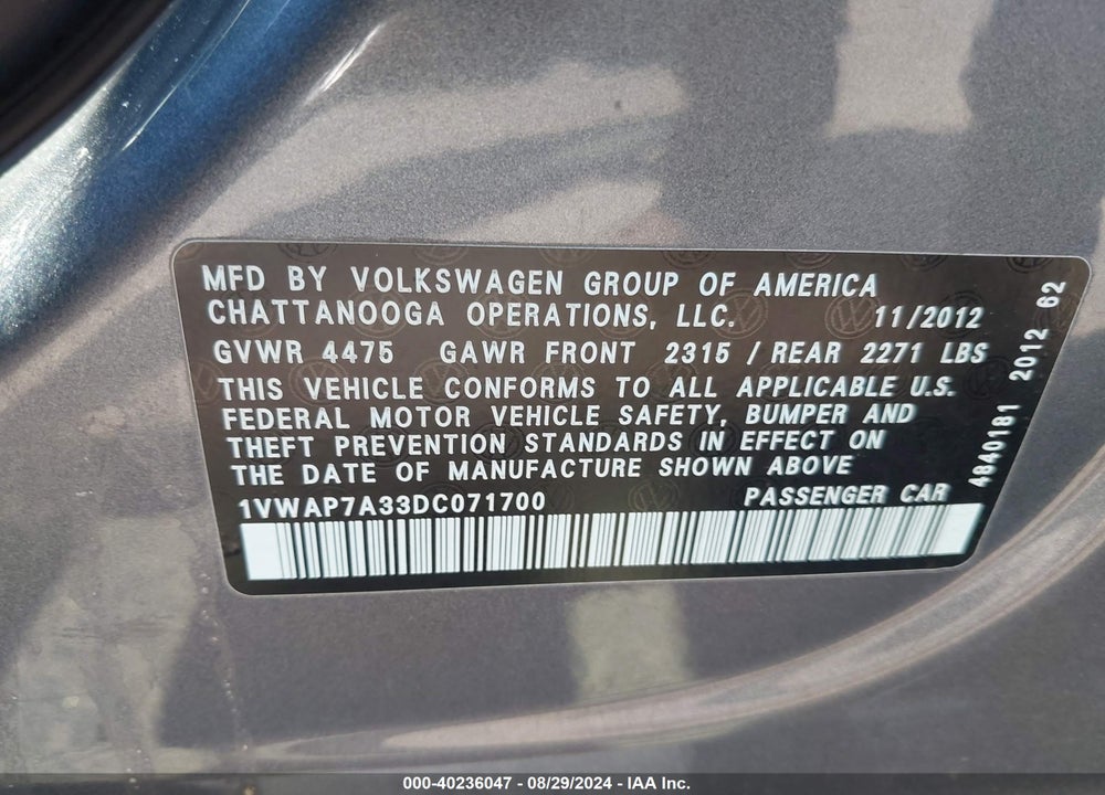 2013 VOLKSWAGEN PASSAT 2.5L S VIN: 1VWAP7A33DC071700