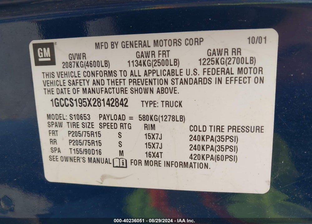2002 CHEVROLET S-10 LS VIN: 1GCCS195X28142842