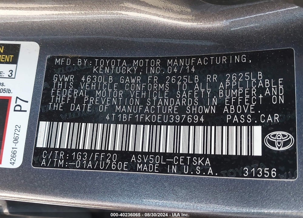 2014 TOYOTA CAMRY VIN: 4T1BF1FK0EU397694